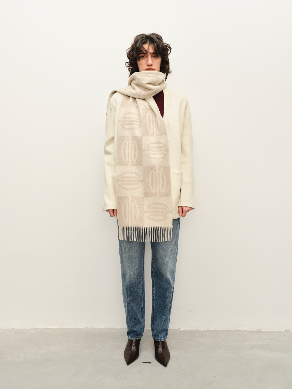 Alpaca Wool Logo Collection Undyed Mélange Fringe Double-Sided Two-Tone Scarf