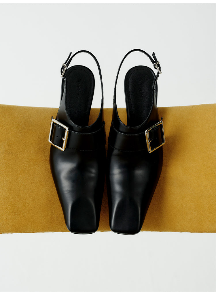 Leather Pointed Square-Toe Block-Heel Shoes