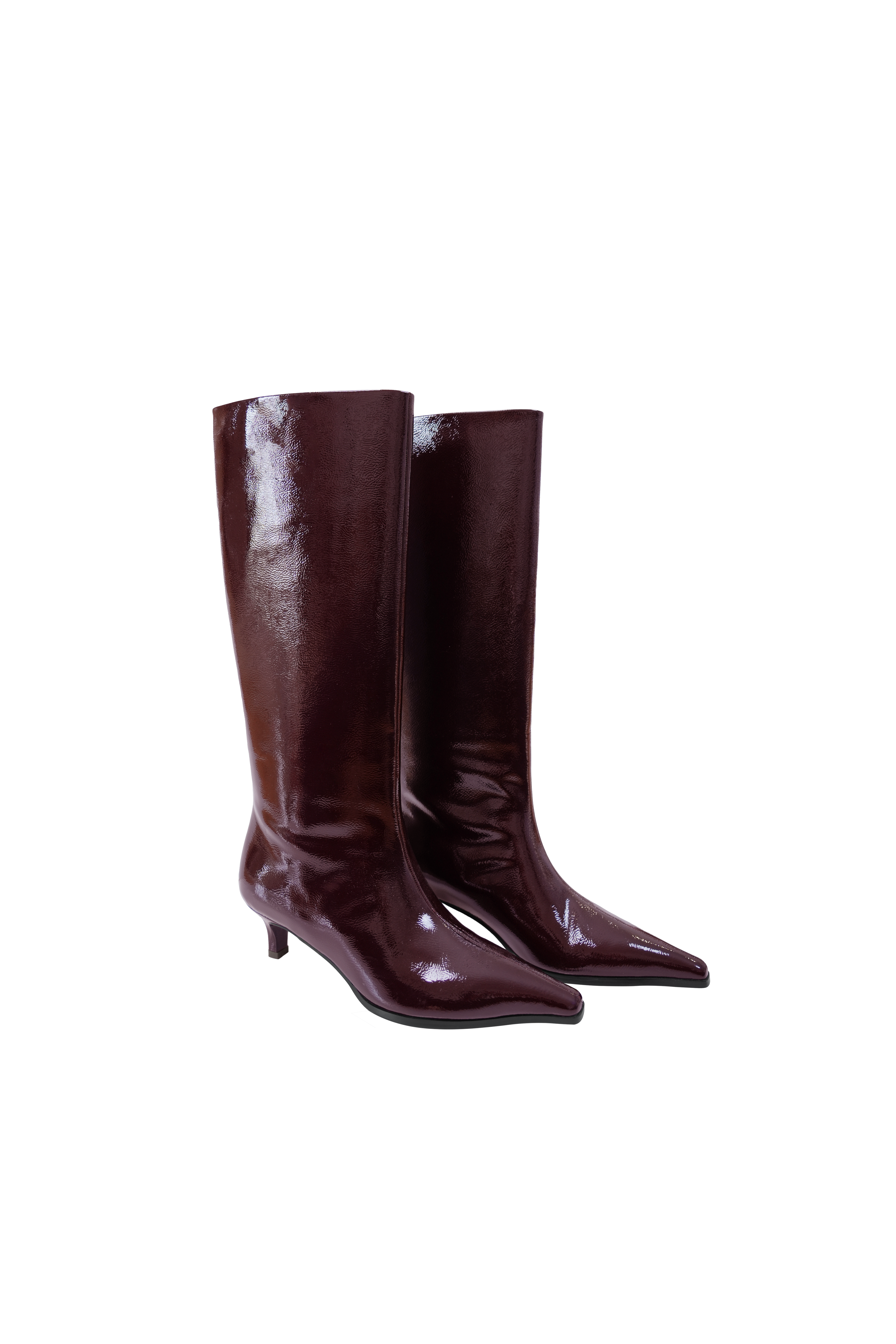 Distressed Patent Leather Pointed-Toe Kitten-Heel Riding Boots