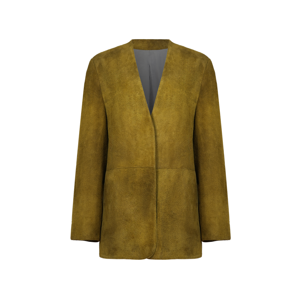 橄榄姜绿进口长绒绵羊皮麂皮皮衣v领大廓形垫肩西装外套