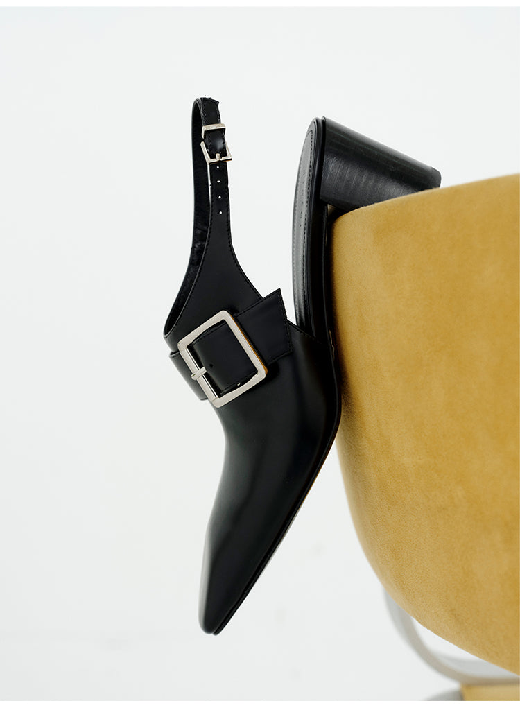 Leather Pointed Square-Toe Block-Heel Shoes