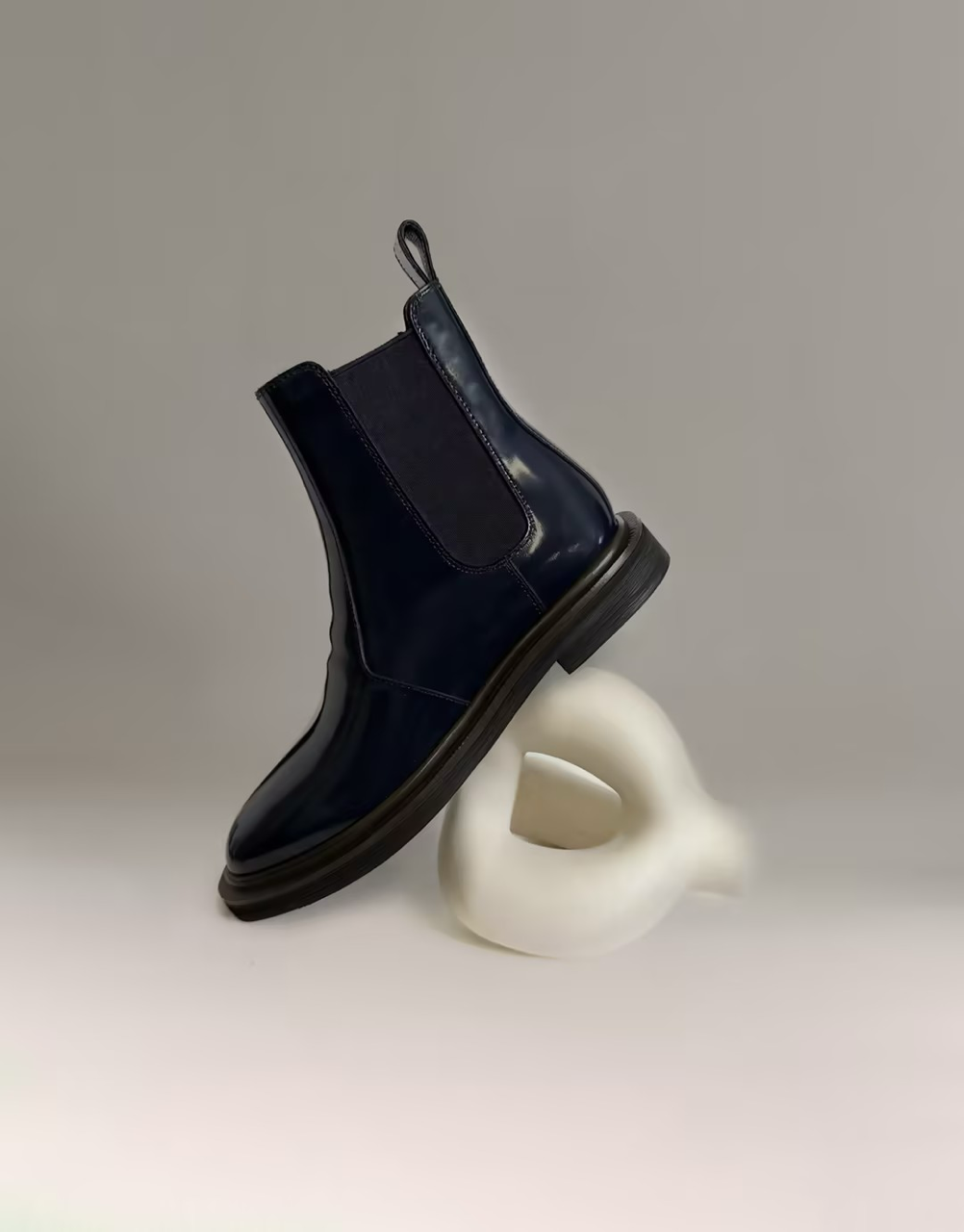 Matte Patent Leather Full-Grain Leather Chelsea Boots with Chunky Platform and Hidden Wedge, Vintage Style Round-Toe Mid-Calf Boots