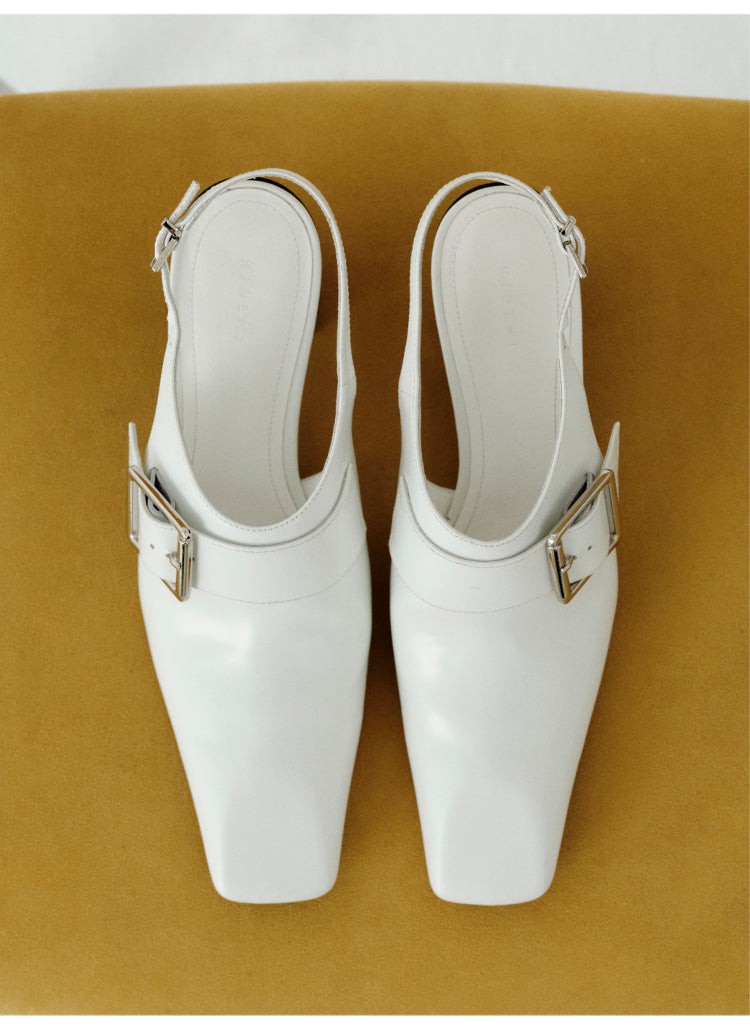 Leather Pointed Square-Toe Block-Heel Shoes