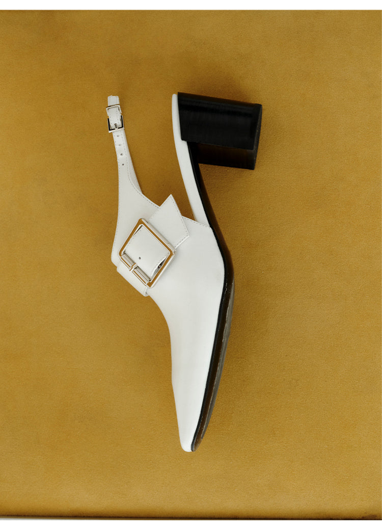 牛皮尖方头粗跟鞋