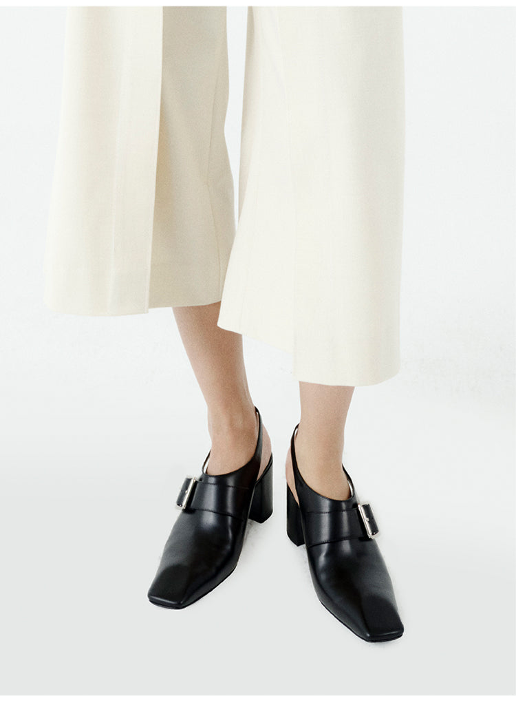 Leather Pointed Square-Toe Block-Heel Shoes