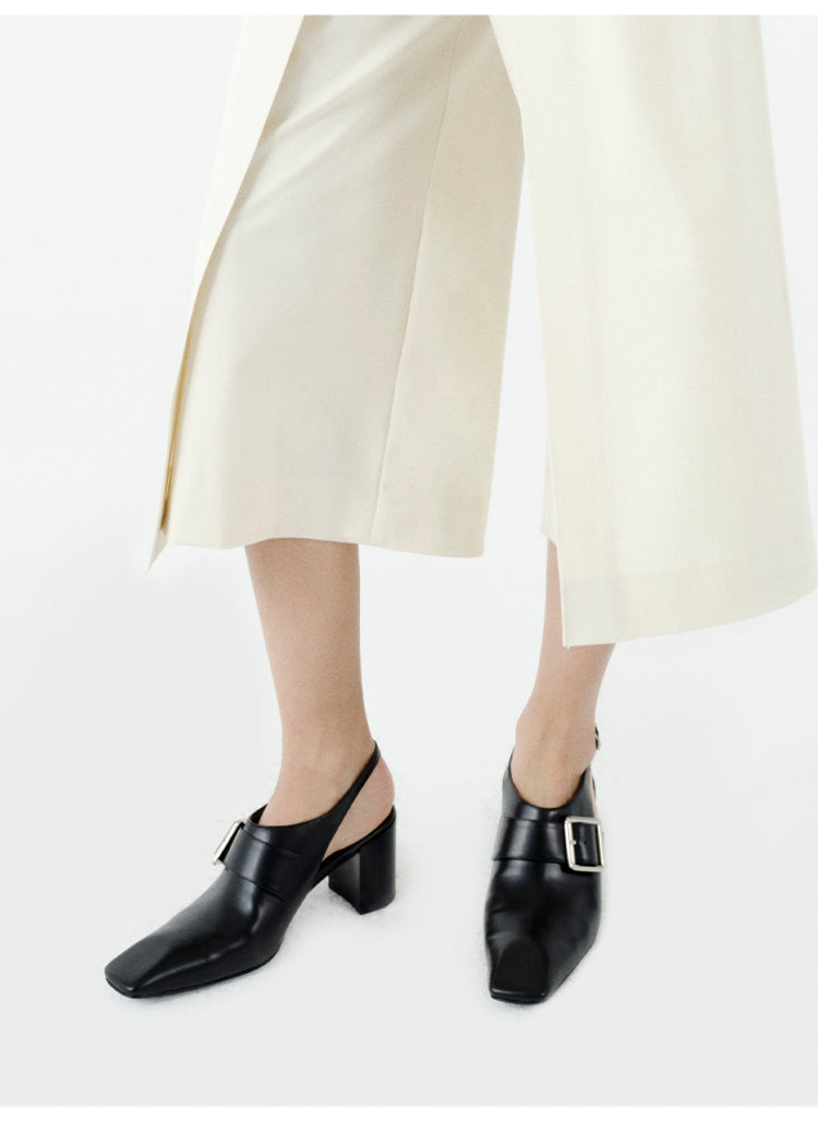 Leather Pointed Square-Toe Block-Heel Shoes