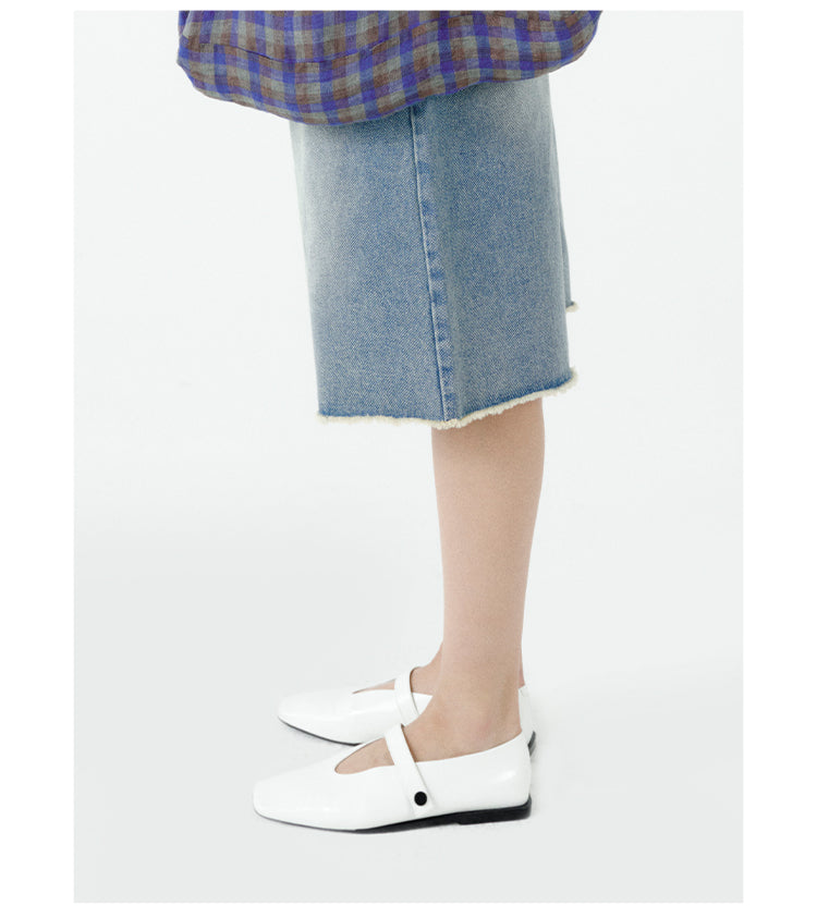 Square-Toe Calfskin Mary Jane Flats