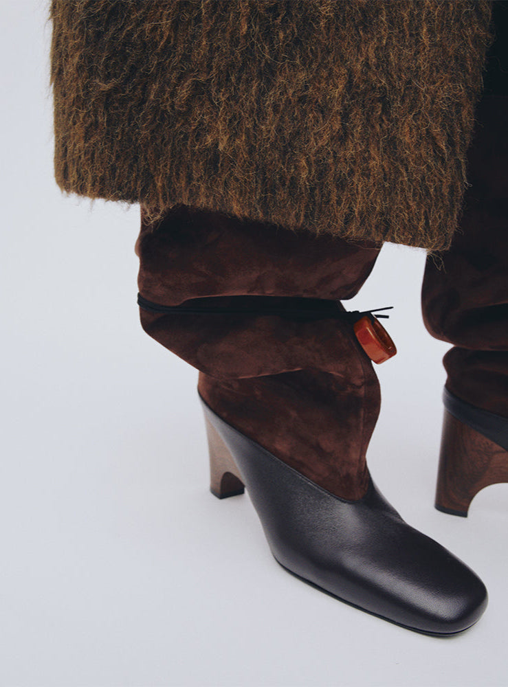 Sheepskin & Suede Patchwork Sculptural-Heel Tall Boots
