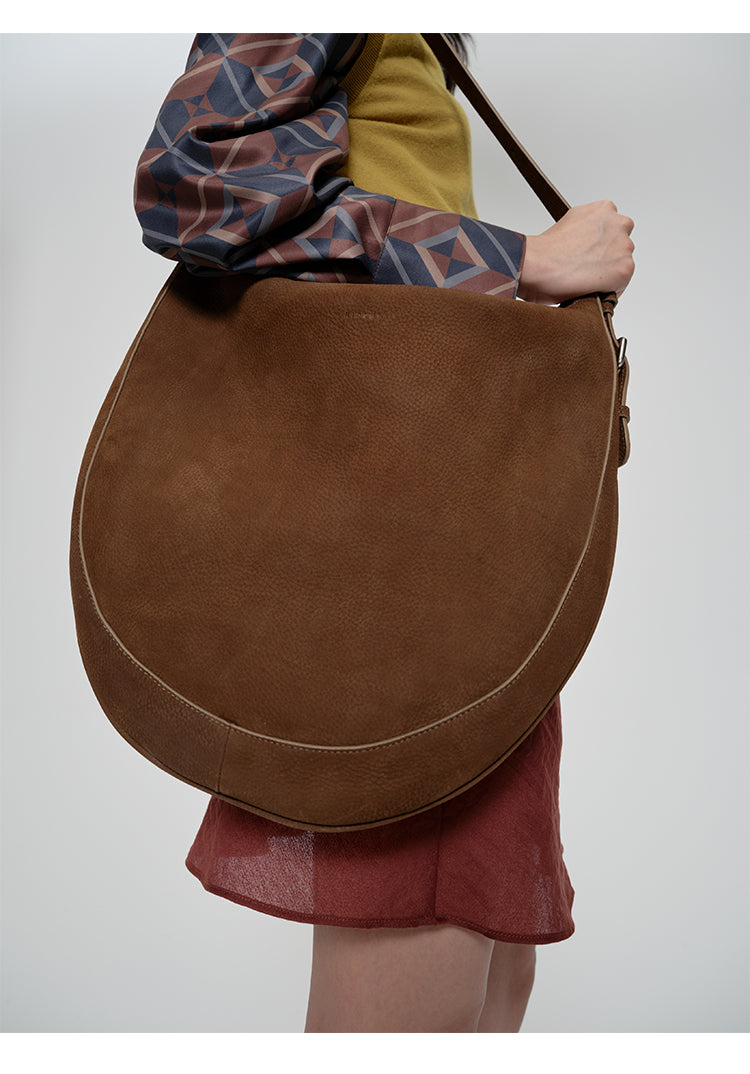 Matte Grain Leather Horseshoe Bag with Adjustable Shoulder Strap