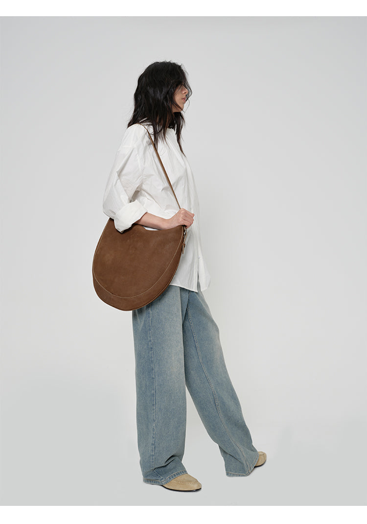 Matte Grain Leather Horseshoe Bag with Adjustable Shoulder Strap