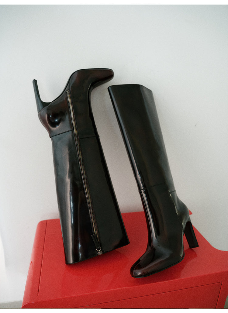 Square-Round Toe Leather High-Heel Knee Boots