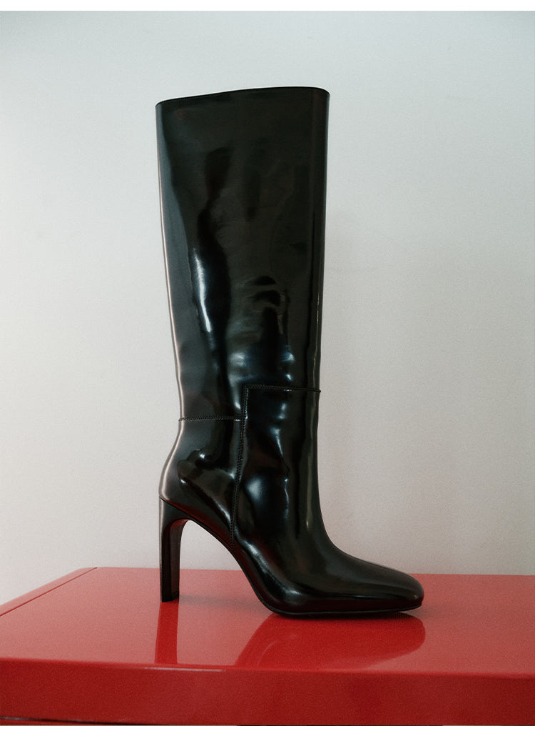 Square-Round Toe Leather High-Heel Knee Boots