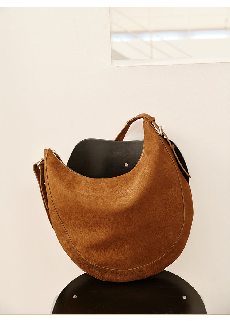 Matte Grain Leather Horseshoe Bag with Adjustable Shoulder Strap