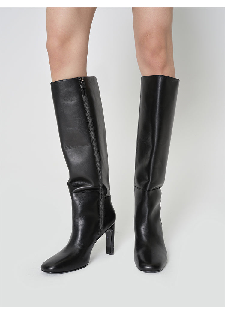 Square-Round Toe Leather High-Heel Knee Boots