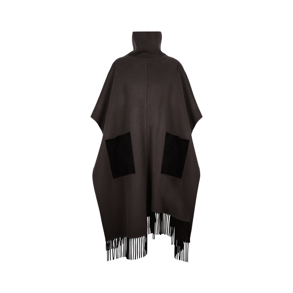 大秀款进口山羊绒立领麂皮拼接流苏廓形斗篷无袖大衣外套