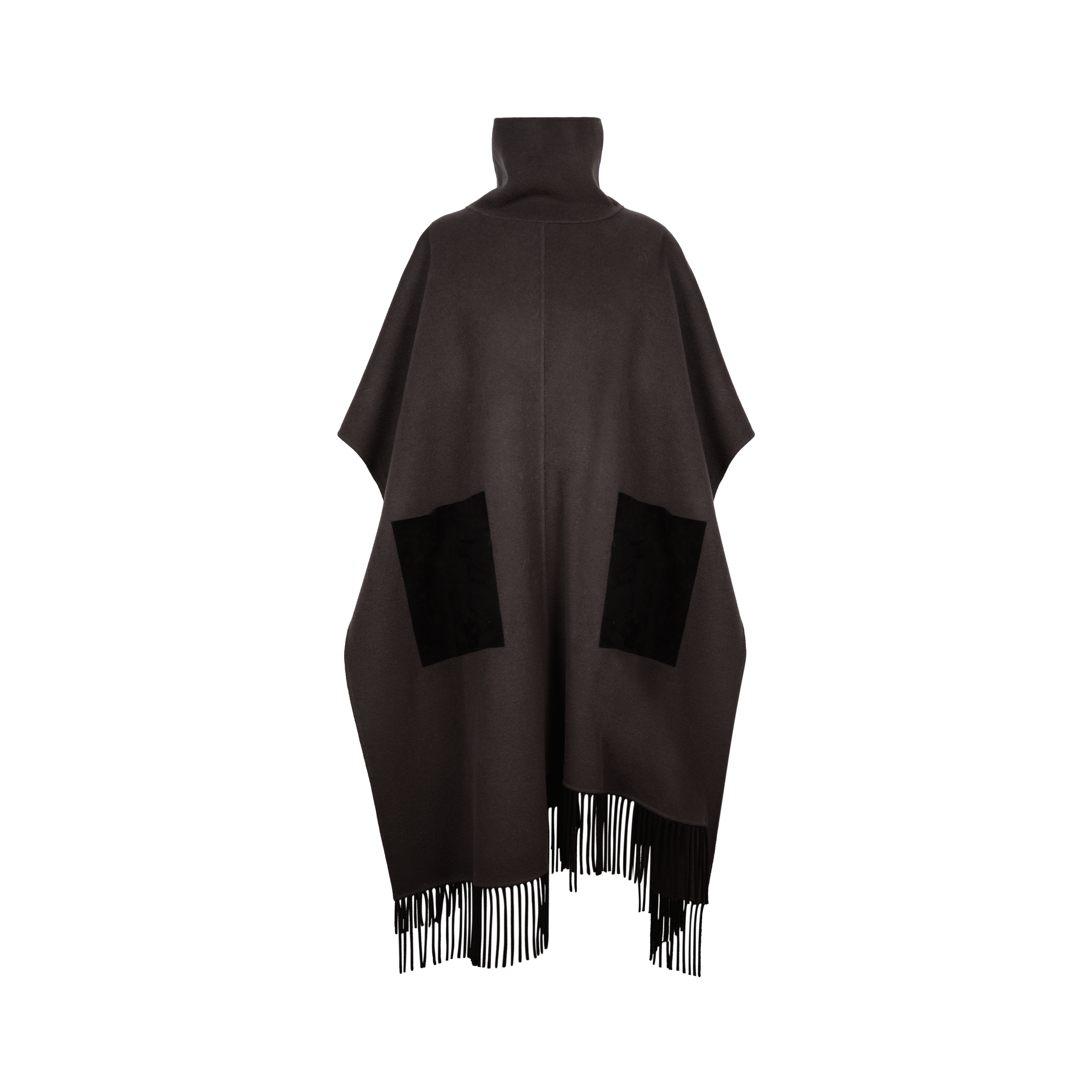 大秀款进口山羊绒立领麂皮拼接流苏廓形斗篷无袖大衣外套