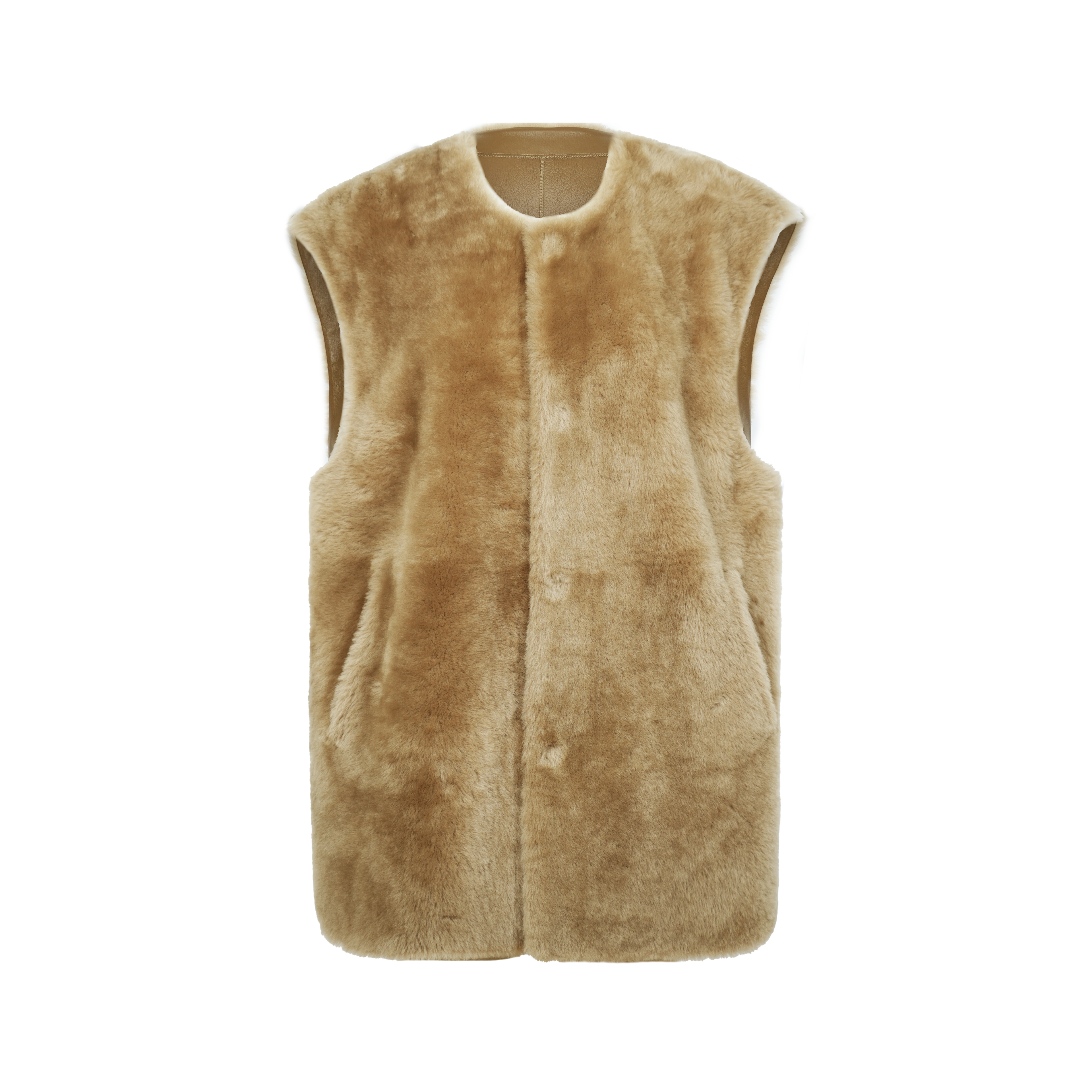 美利奴羊毛宽肩廓形极简皮草马甲背心皮毛一体大衣