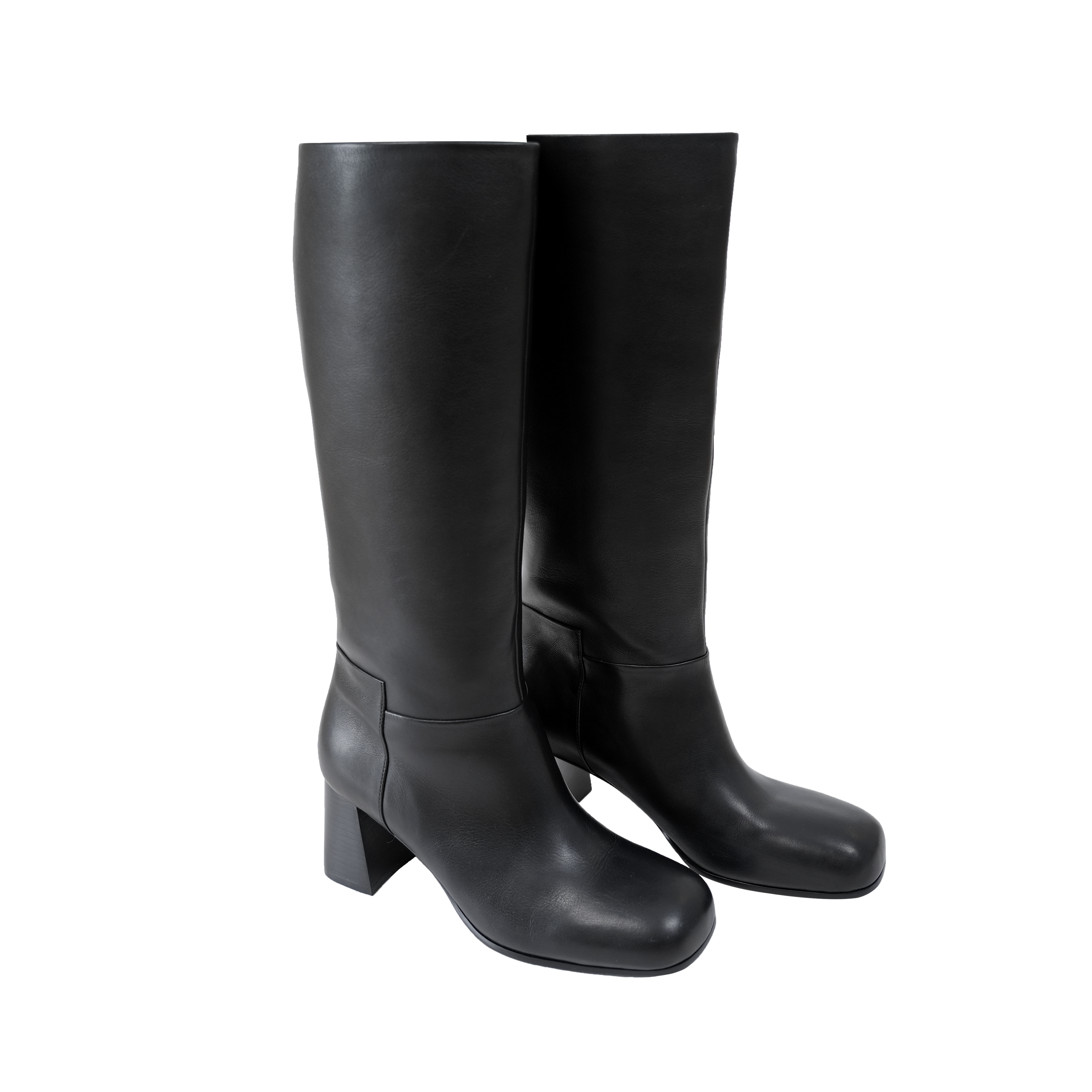 Italian Full-Grain Leather Round-Square Toe Knee-High Boots with 5cm Block Heel