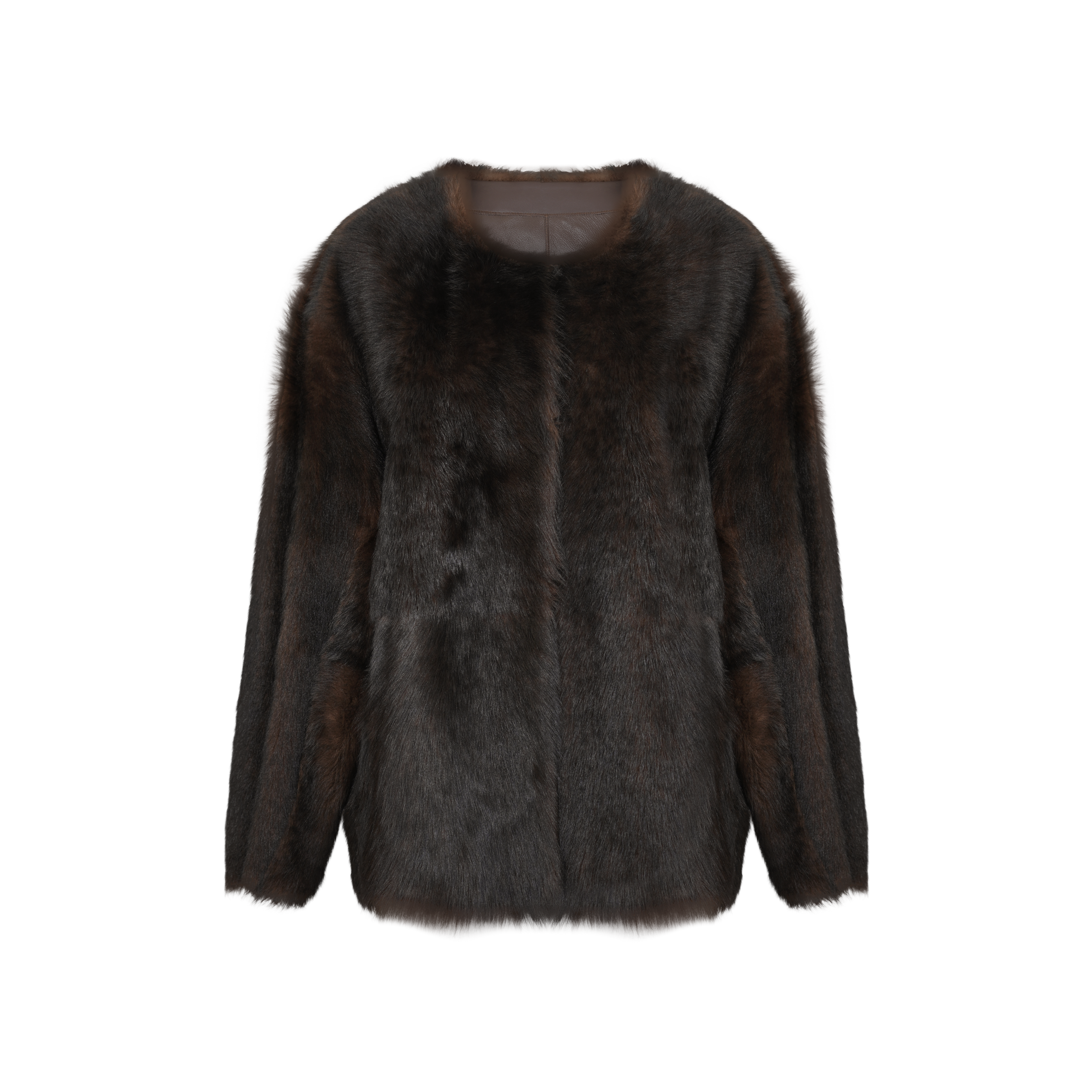 Two-Tone Hand-Dyed Distressed Gradient Ebony Brown Round Neck Oversized Shearling Coat, Fur Jacket