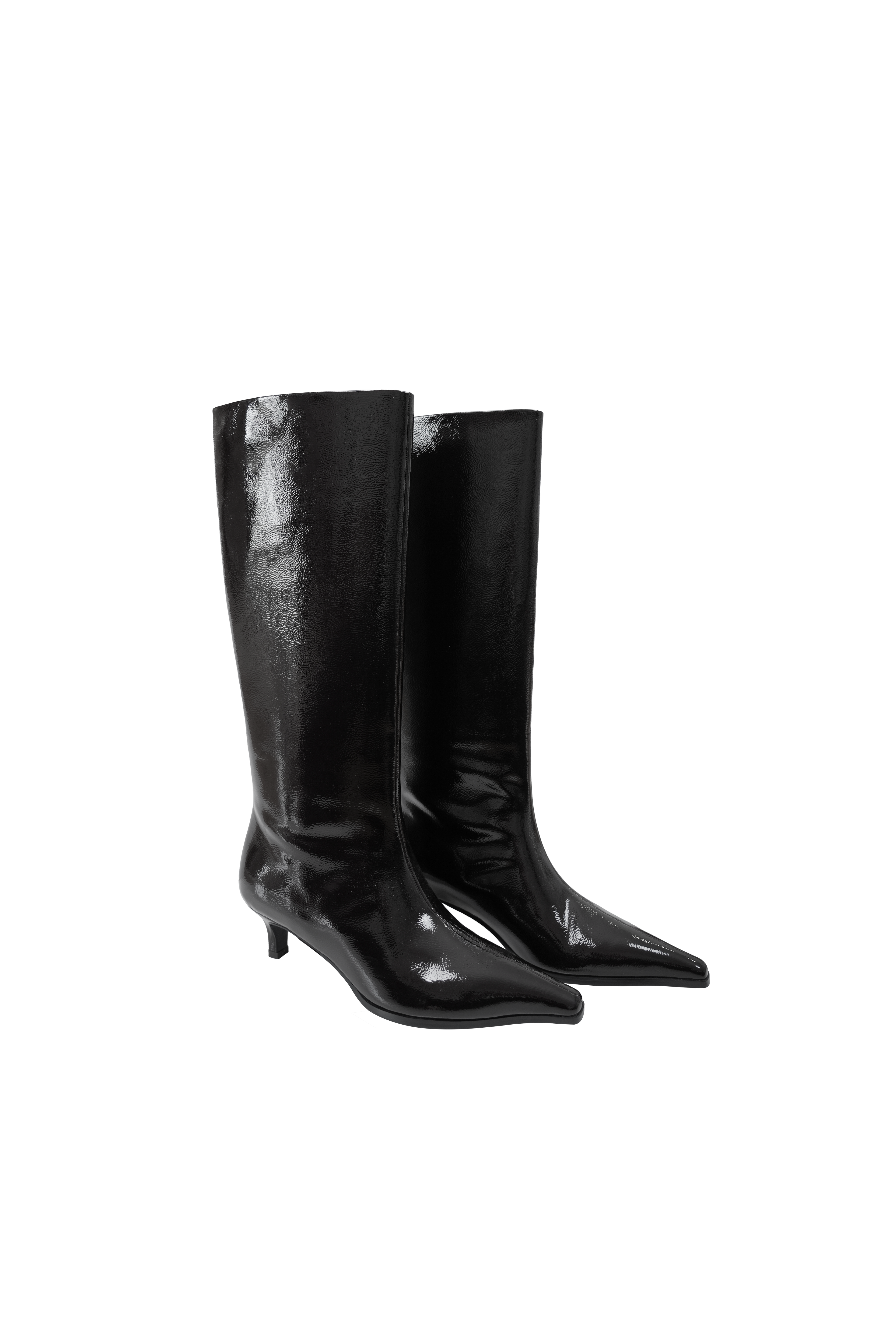 Distressed Patent Leather Pointed-Toe Kitten-Heel Riding Boots