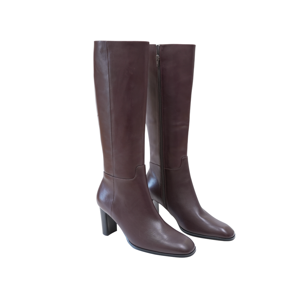 Vintage Style Round-Toe Full-Grain Leather High Knee Boots with Block Heel, Equestrian-Inspired Design