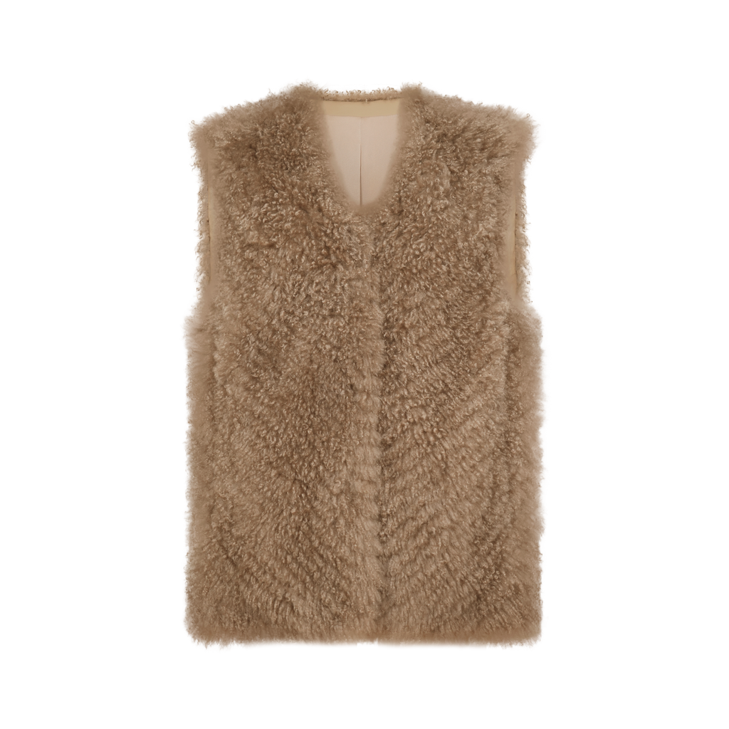 西班牙极细羊羔毛皮毛一体宽肩马甲摩卡灰皮草背心
