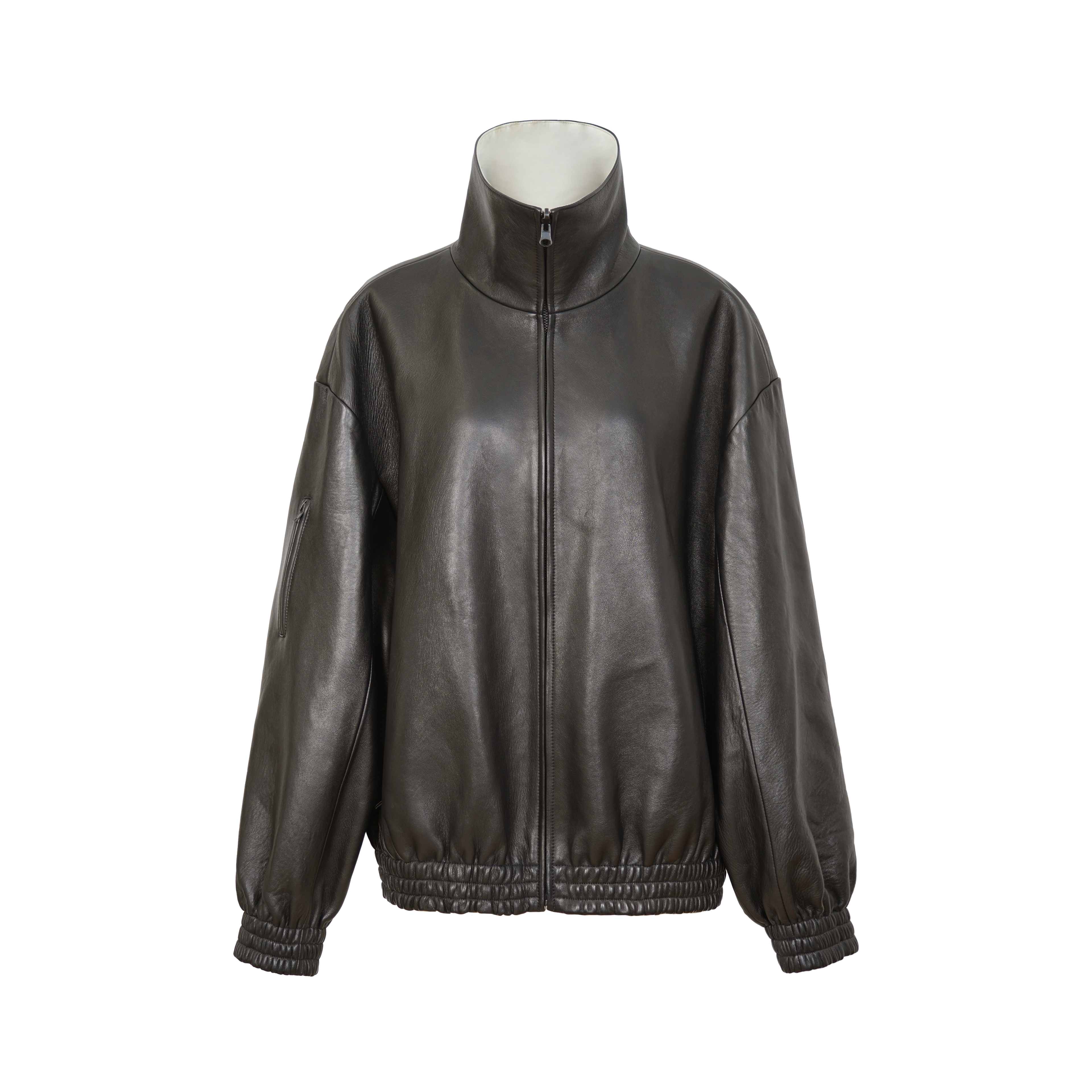 Spanish Lambskin Minimalist Stand Collar Reversible Short Jacket, Oversized Leather Coat