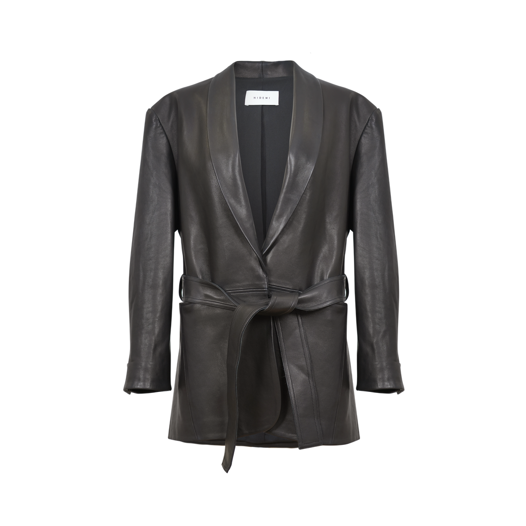 高级感V领气质绵羊皮西装外套显瘦腰带真皮皮衣风衣