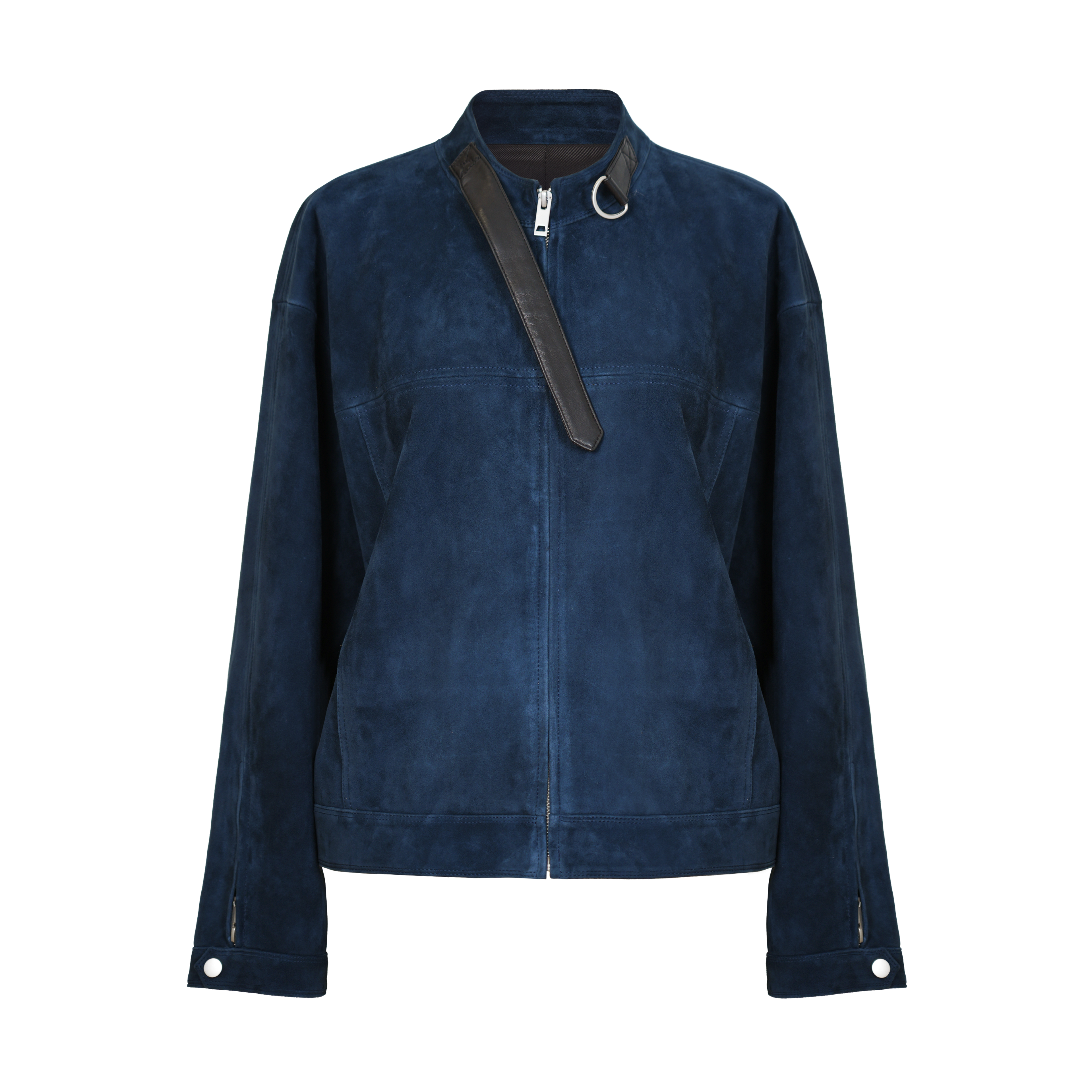 Minimalist Stand Collar Leather Buckle-Patch Navy Blue Imported Lambskin Suede Short Jacket