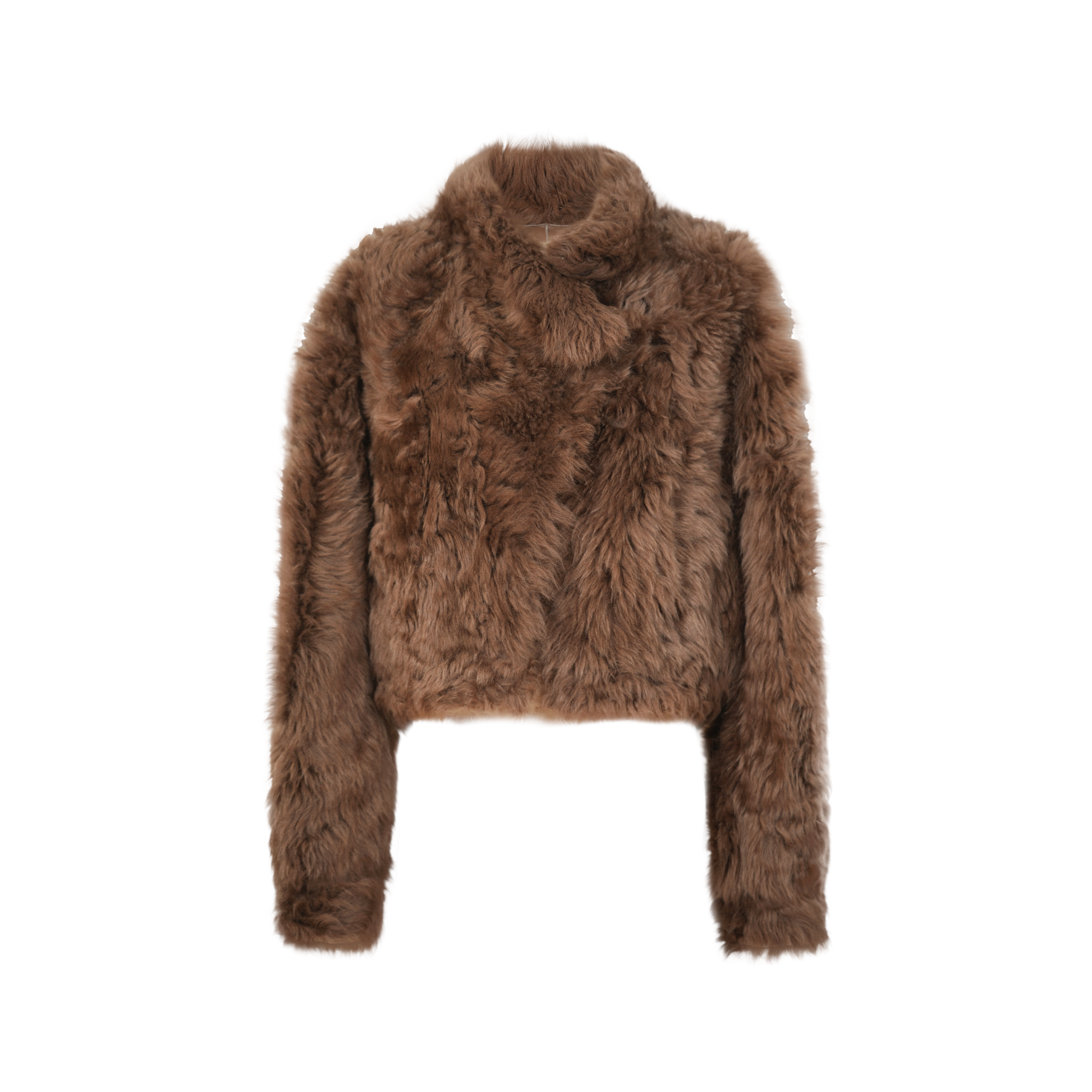 西班牙羊剪毛不对称立领廓形极简皮毛一体短款外套