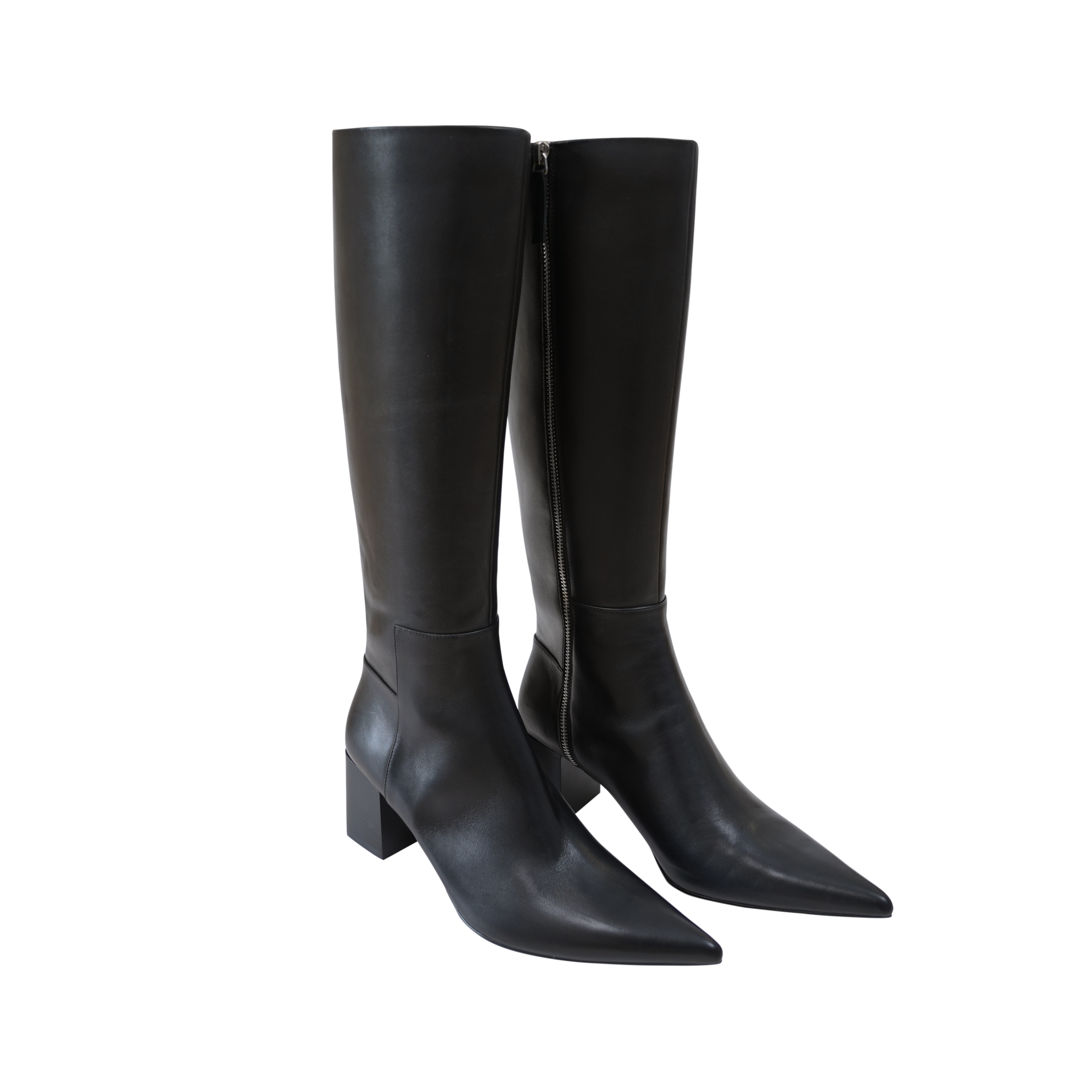 Full-Grain Leather Designer Chunky Heel Pointed-Toe Slimming Knee-High Boots