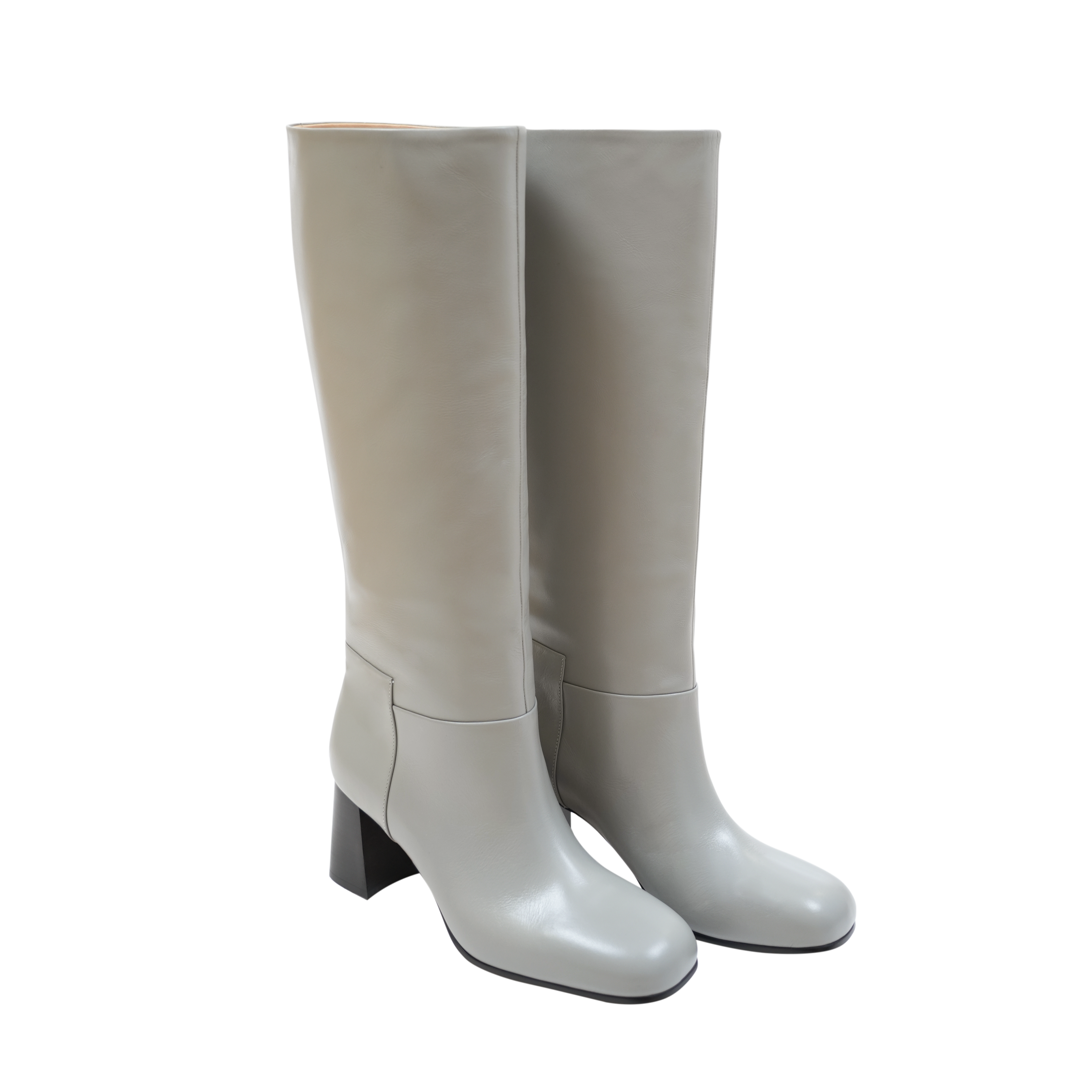 Italian Full-Grain Leather Round-Square Toe Knee-High Boots with 5cm Block Heel