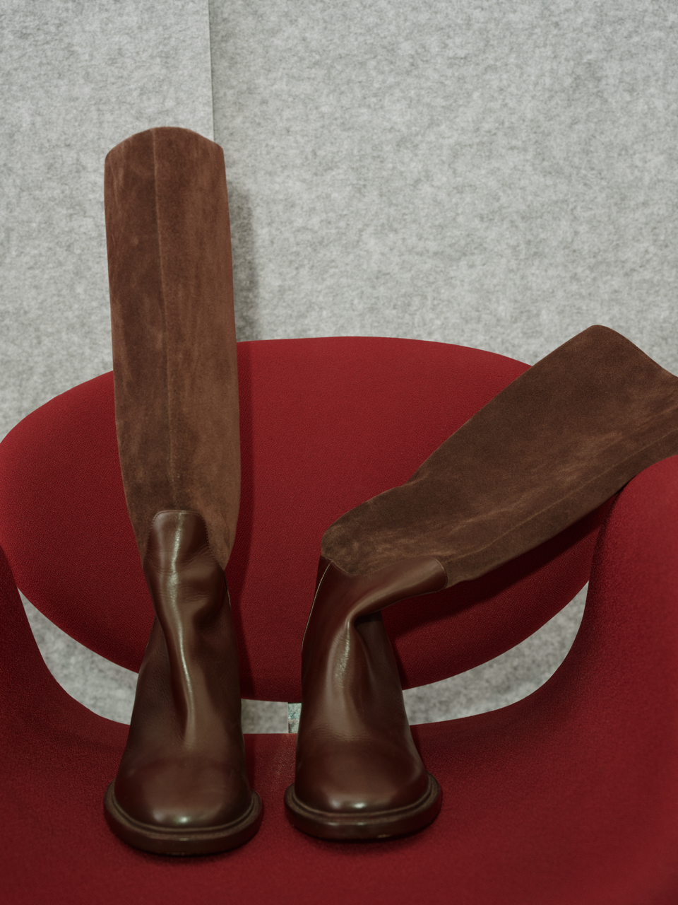 Suede Patchwork Round-Toe Chunky Heel 7cm Ebony Brown Knee-High Boots, Wide-Calf Vintage Riding Boots