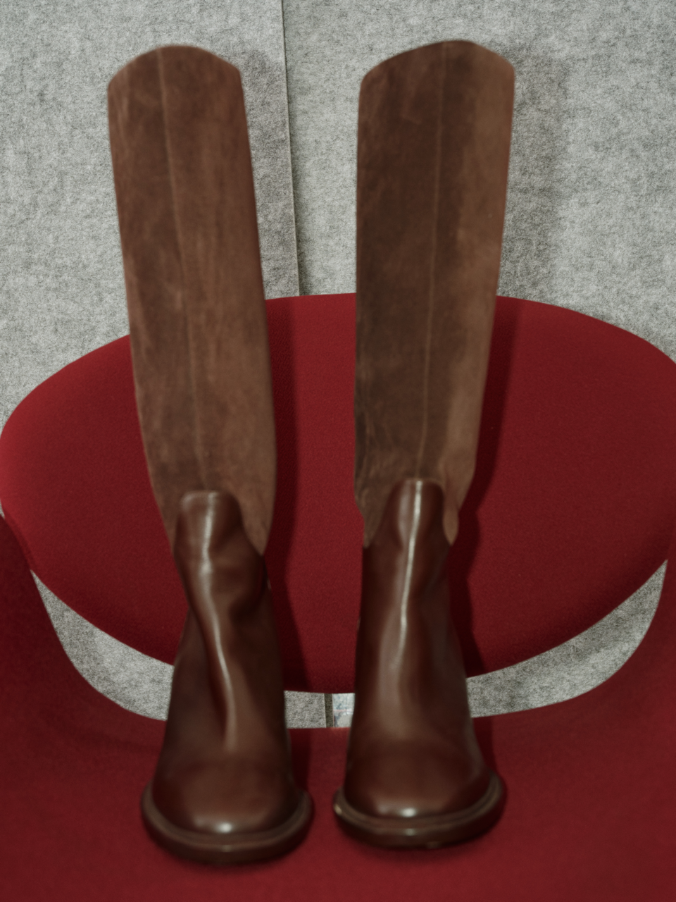 Suede Patchwork Round-Toe Chunky Heel 7cm Ebony Brown Knee-High Boots, Wide-Calf Vintage Riding Boots