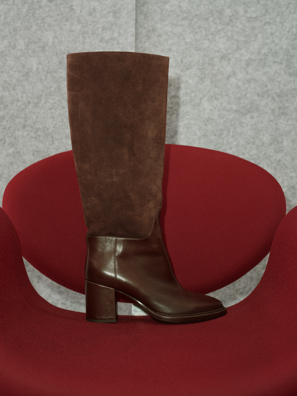 Suede Patchwork Round-Toe Chunky Heel 7cm Ebony Brown Knee-High Boots, Wide-Calf Vintage Riding Boots