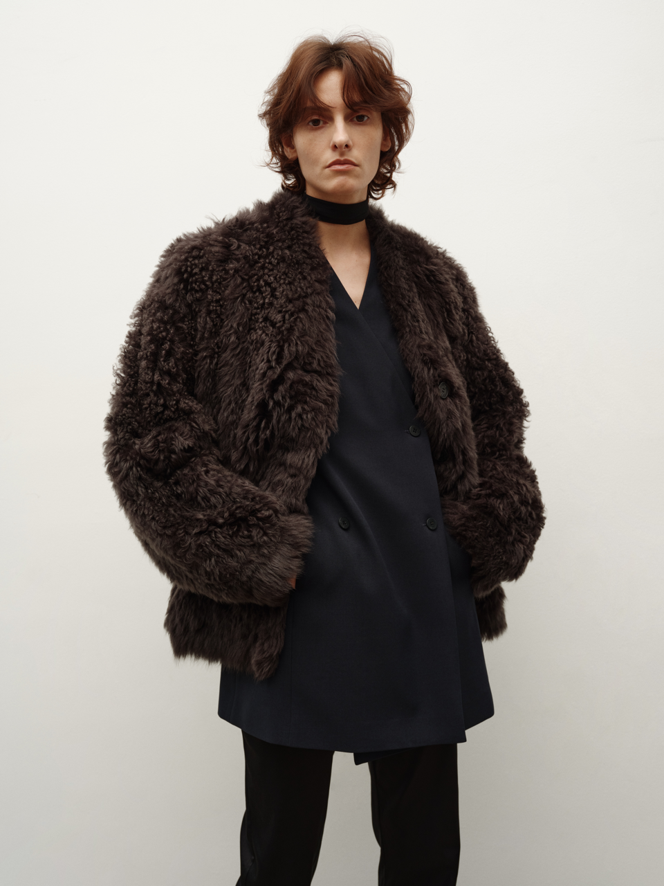 Runway Edition Spanish Lamb Fur Curly V-Neck Shearling Coat