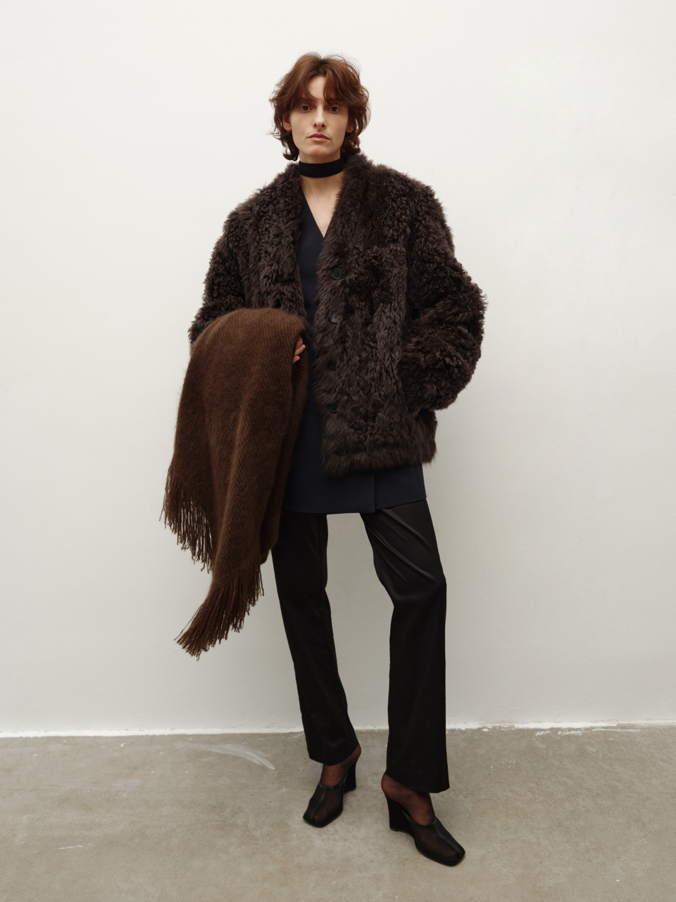 Runway Edition Spanish Lamb Fur Curly V-Neck Shearling Coat