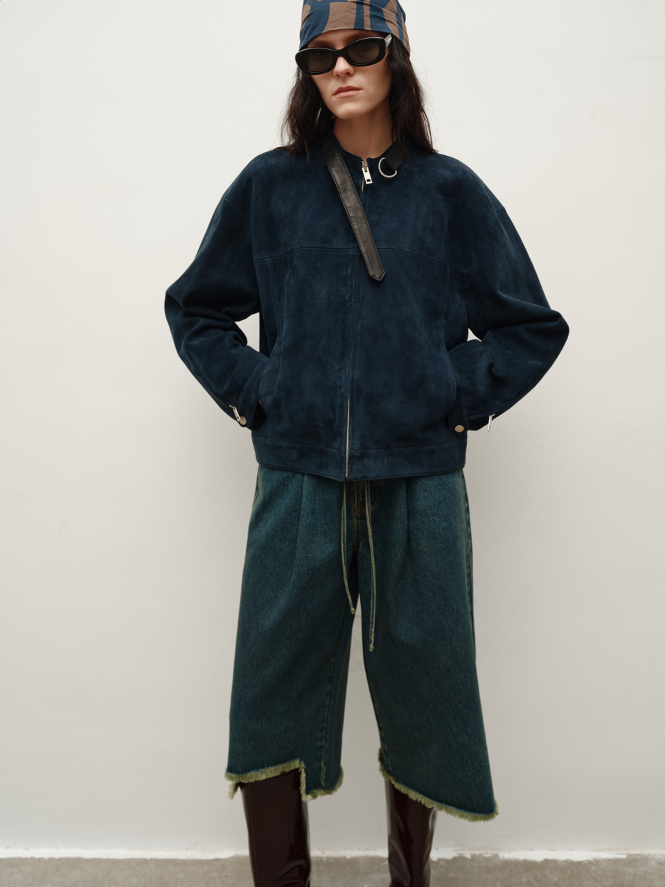 Minimalist Stand Collar Leather Buckle-Patch Navy Blue Imported Lambskin Suede Short Jacket