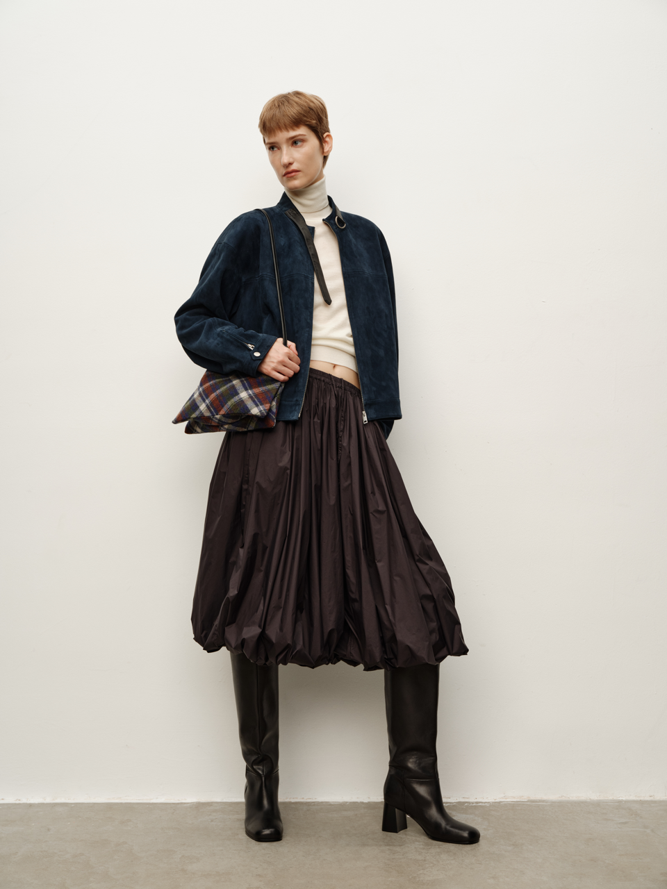 Minimalist Stand Collar Leather Buckle-Patch Navy Blue Imported Lambskin Suede Short Jacket