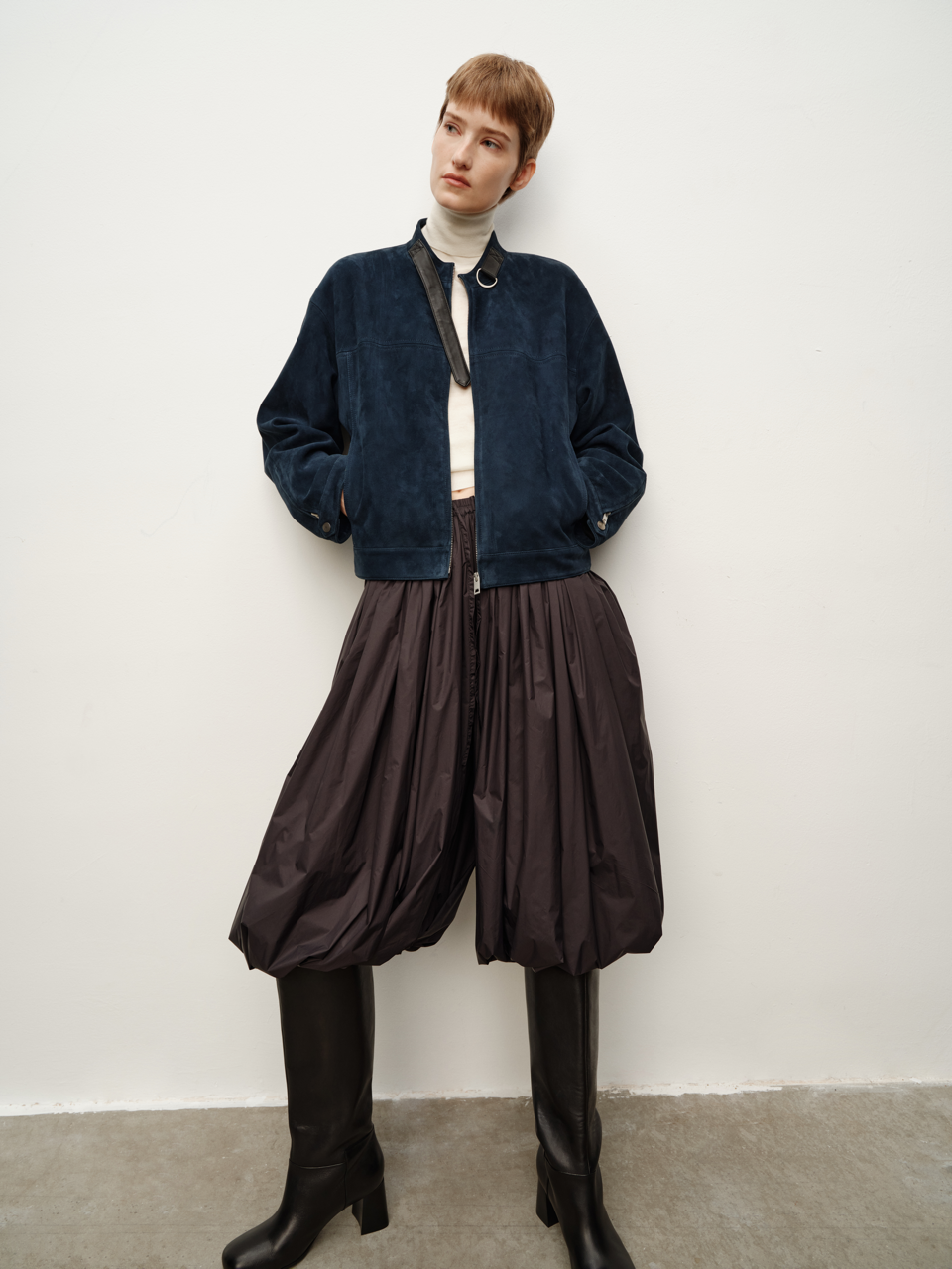 Minimalist Stand Collar Leather Buckle-Patch Navy Blue Imported Lambskin Suede Short Jacket