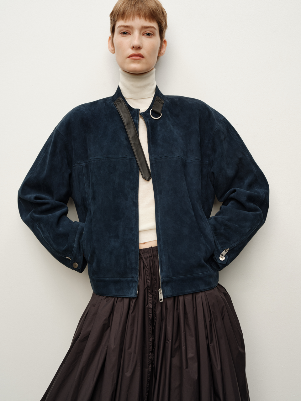 Minimalist Stand Collar Leather Buckle-Patch Navy Blue Imported Lambskin Suede Short Jacket