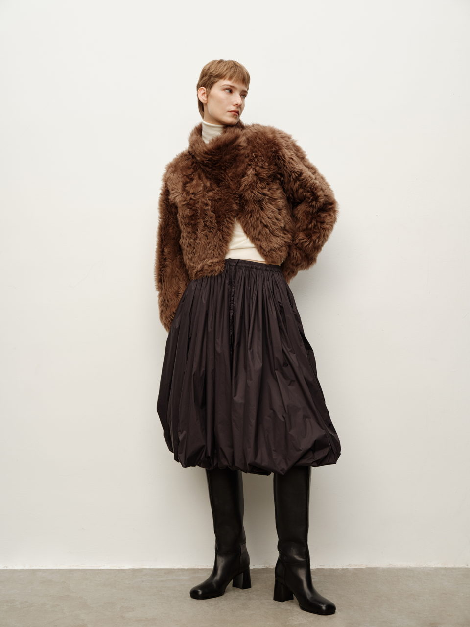 Spanish Shearling Asymmetrical Stand Collar Oversized Minimalist Shearling & Leather Short Coat