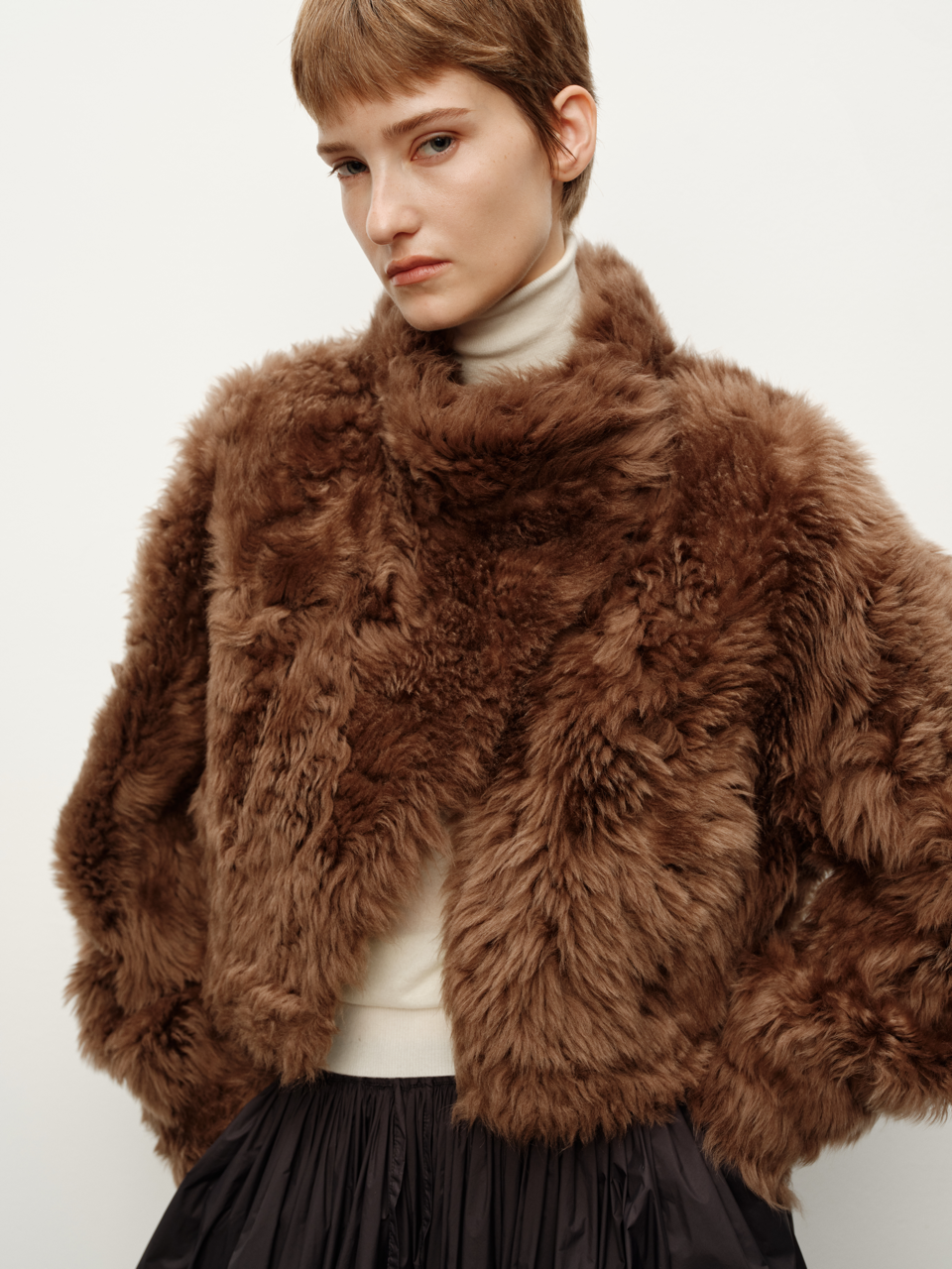 Spanish Shearling Asymmetrical Stand Collar Oversized Minimalist Shearling & Leather Short Coat