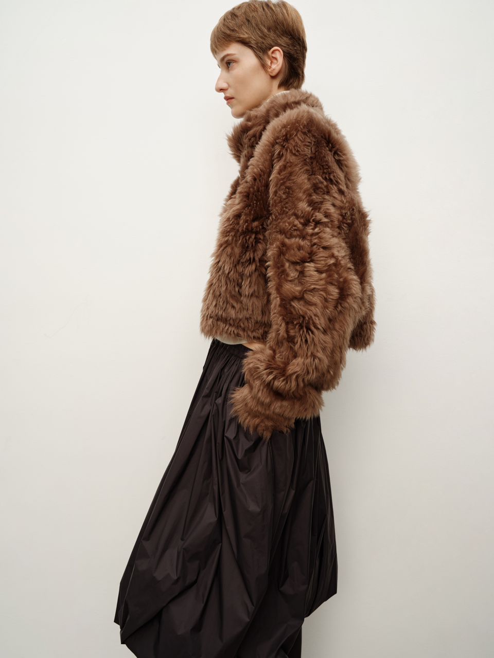 Spanish Shearling Asymmetrical Stand Collar Oversized Minimalist Shearling & Leather Short Coat