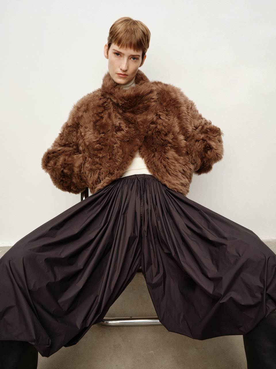 Spanish Shearling Asymmetrical Stand Collar Oversized Minimalist Shearling & Leather Short Coat