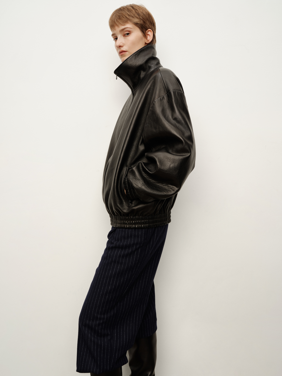 Spanish Lambskin Minimalist Stand Collar Reversible Short Jacket, Oversized Leather Coat