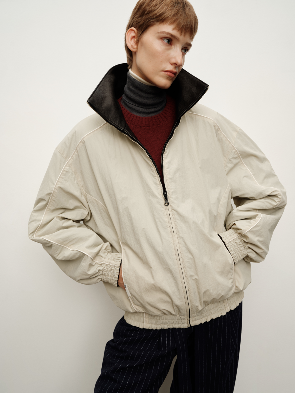 Spanish Lambskin Minimalist Stand Collar Reversible Short Jacket, Oversized Leather Coat