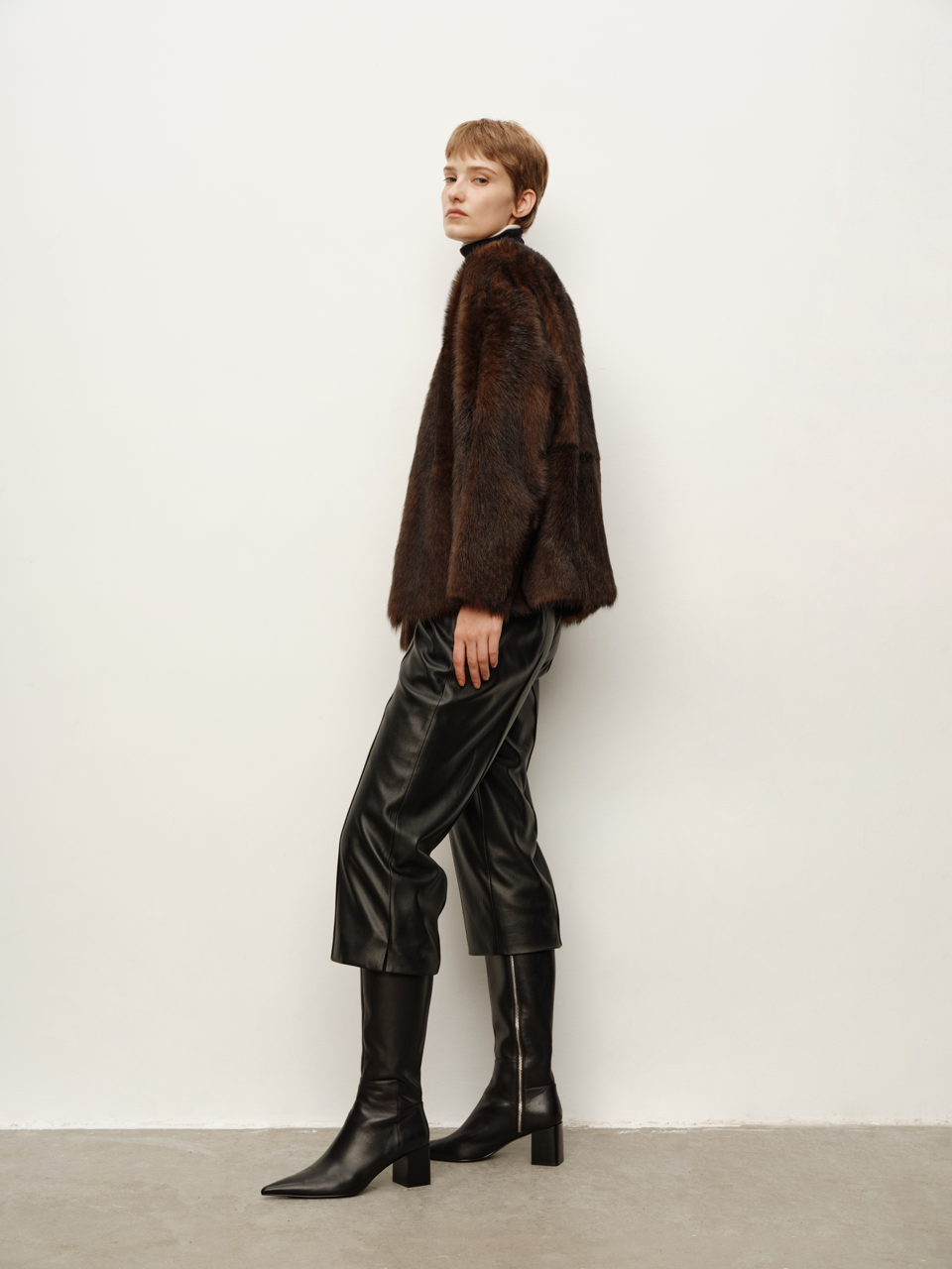 Two-Tone Hand-Dyed Distressed Gradient Ebony Brown Round Neck Oversized Shearling Coat, Fur Jacket