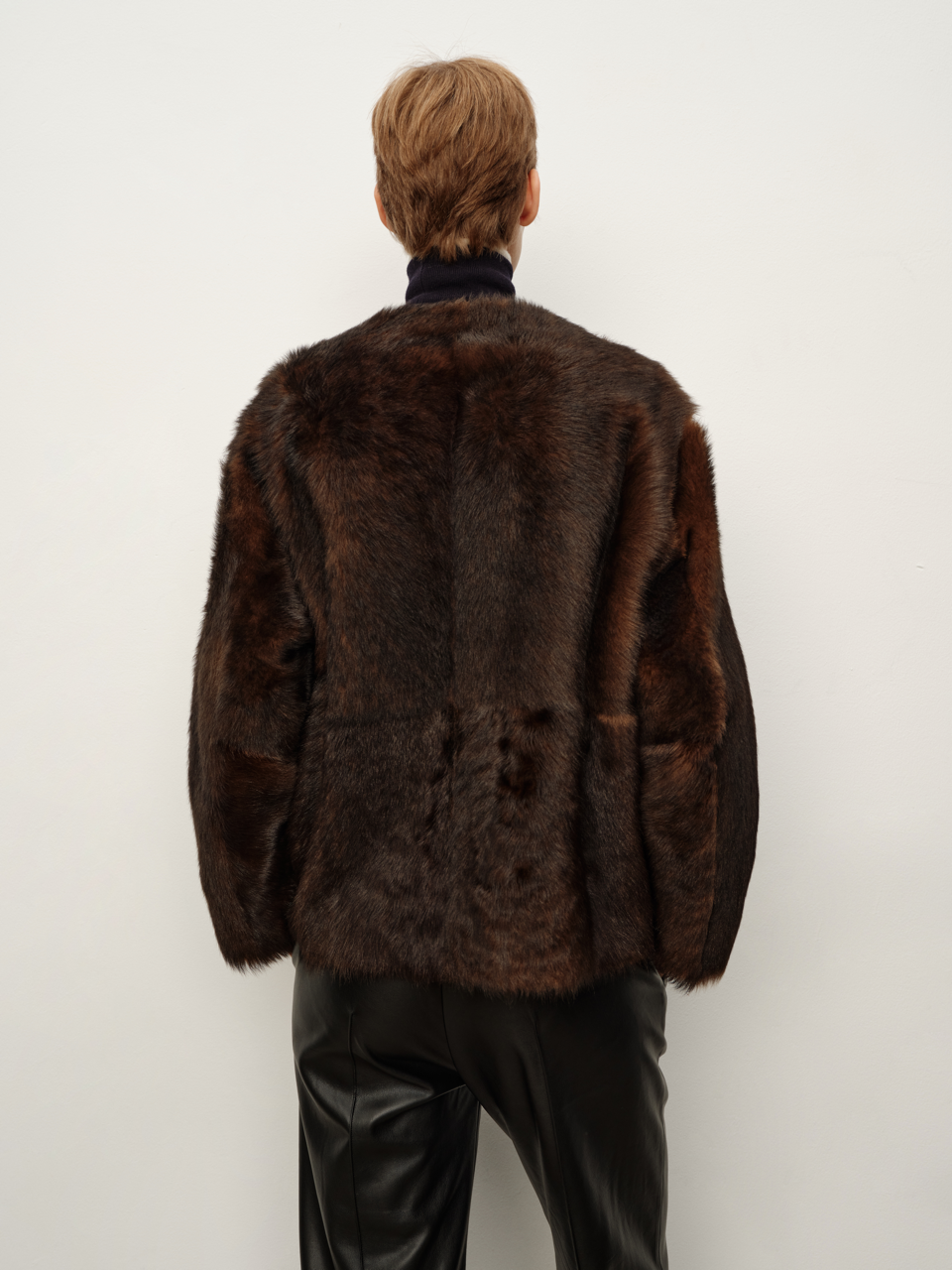 Two-Tone Hand-Dyed Distressed Gradient Ebony Brown Round Neck Oversized Shearling Coat, Fur Jacket