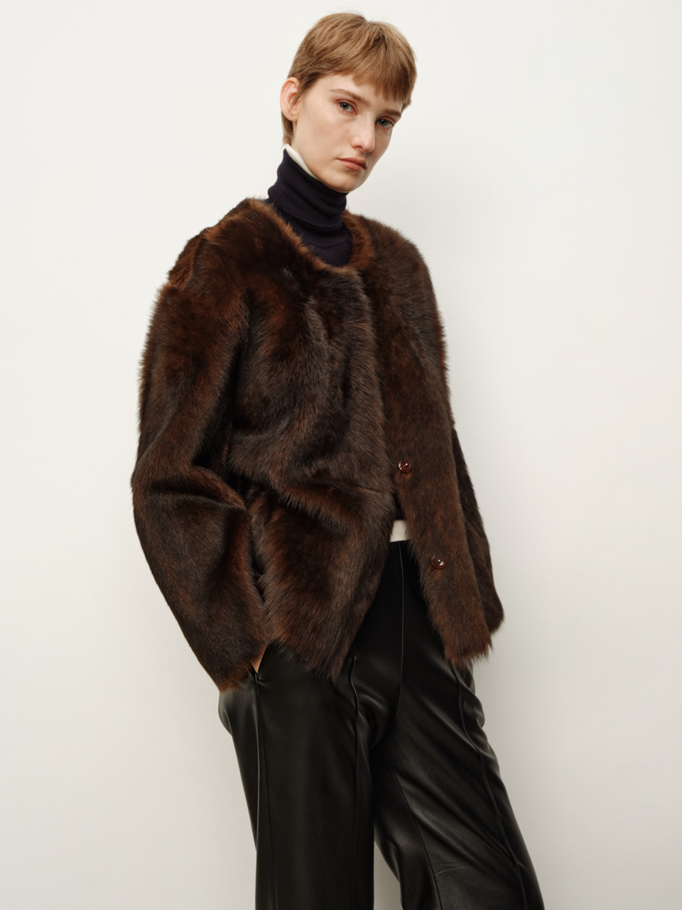 Two-Tone Hand-Dyed Distressed Gradient Ebony Brown Round Neck Oversized Shearling Coat, Fur Jacket
